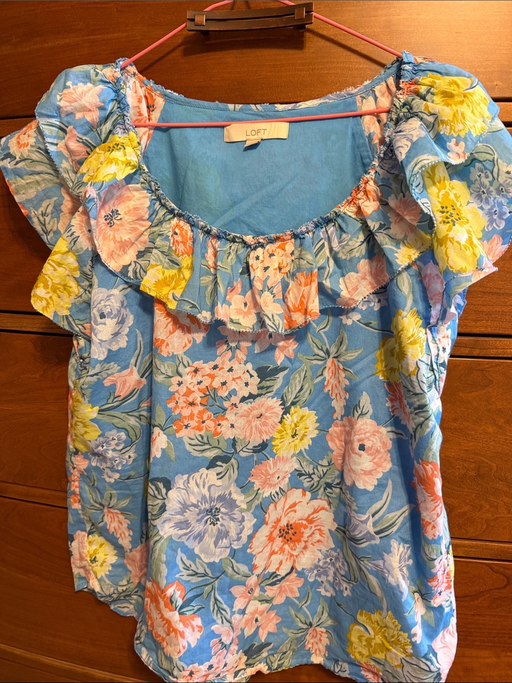 LOFT Sky Blue Floral Ruffle-Neck Blouse